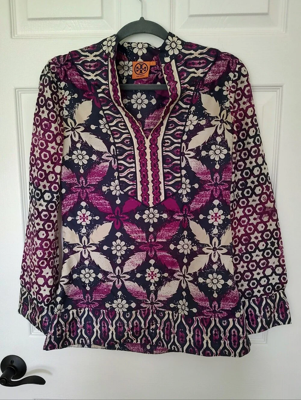 Tory Burch Silk V-Neck Ikat Tunic Top Size 2